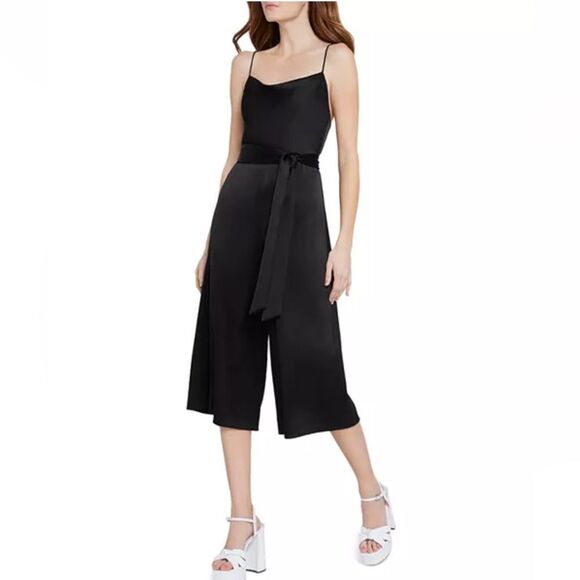 Alice + Olivia Pants - Alice + Olivia Harmon Cropped Belted Wide Leg Gaucho Satin Jumpsuit Black Size 2